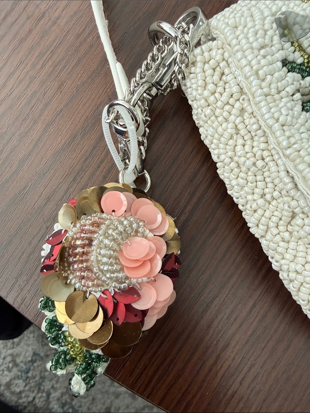 White Beaded Floral Evening Clutch with Pink & Green Embroidery - Picture 5 of 6